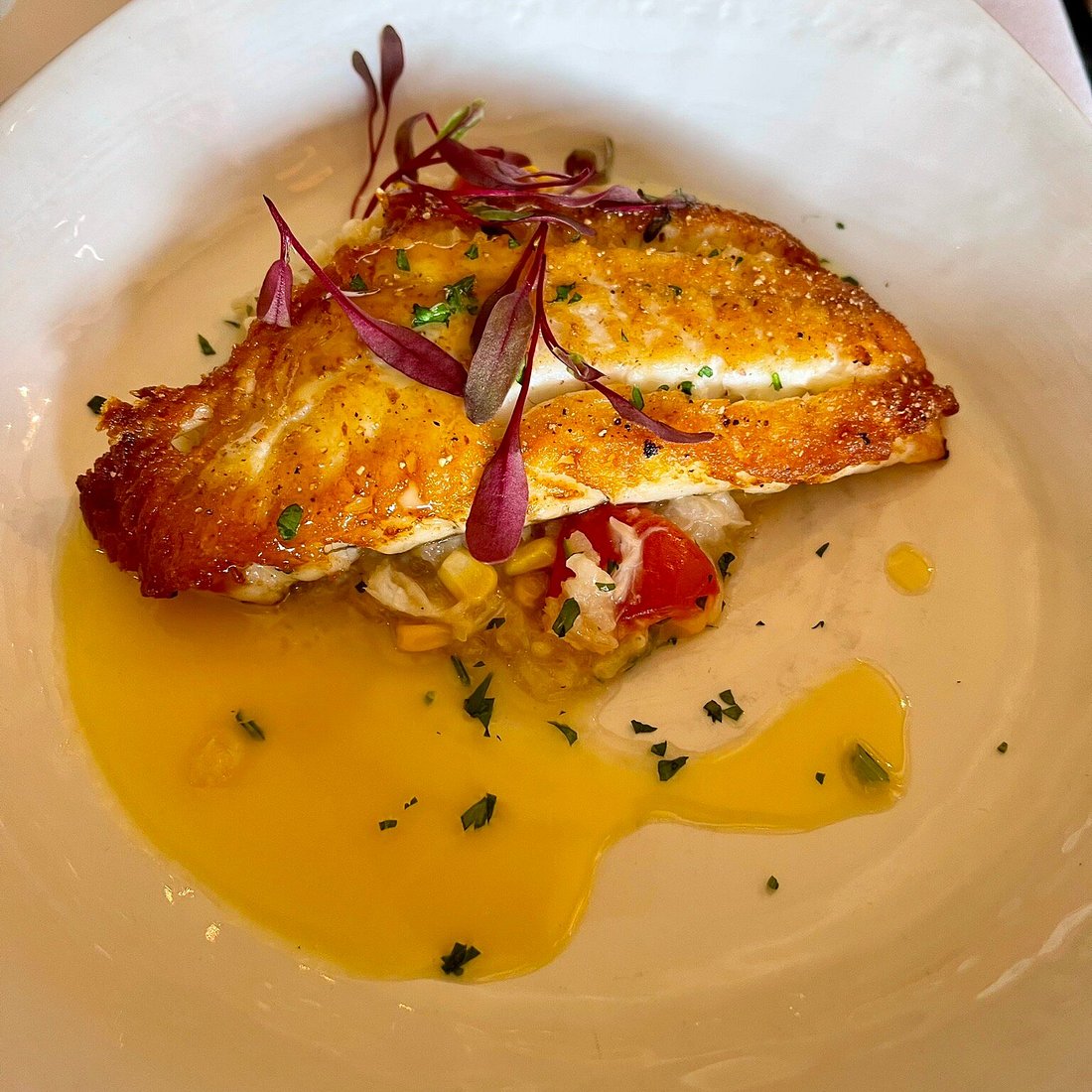 Cotton Row signature dishes Pan Seared Maine Sea Scallops, Grilled Berkshire Pork Chop, Pan Roasted Chicken, Wagyu Beef Tataki